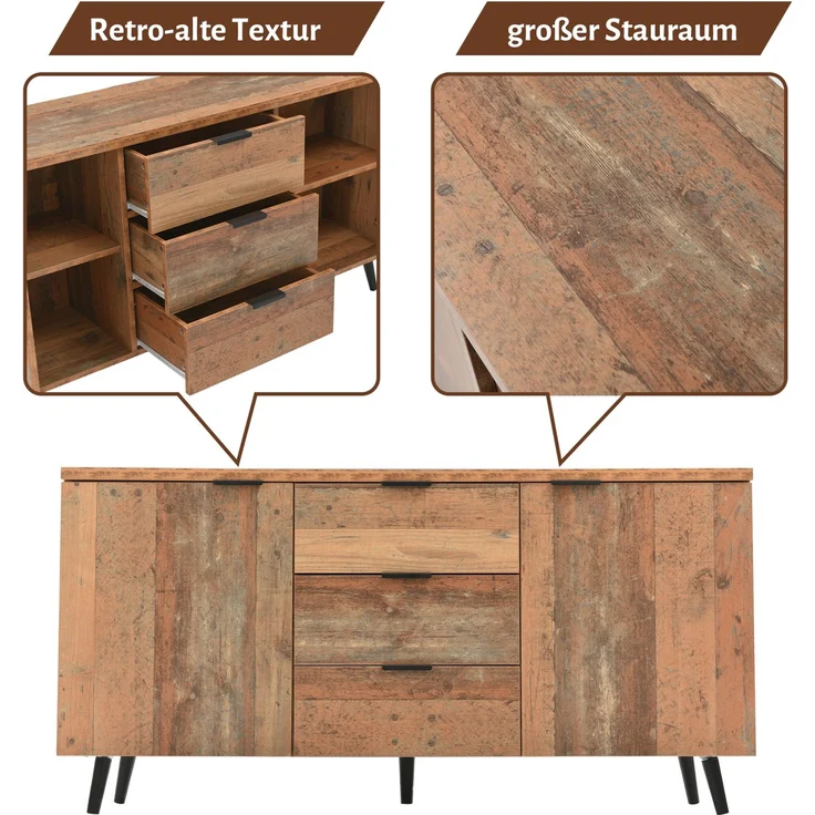 DESVIAE Sideboard mit 3 Schubladen und verstellbaren Einlegeböden, 140x70x35 cm, Spanplatte, Antikbraun – Bild 4
