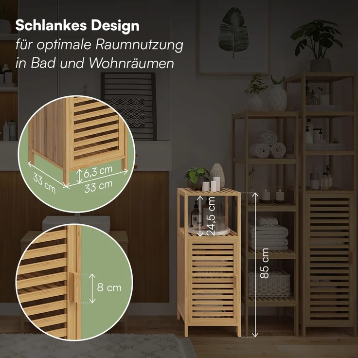 Bellamio 'Newa' Badezimmer Schrank, Bambus, natur, 85x33x33 cm, Badschrank mit 3 Ablagefächern – Bild 6