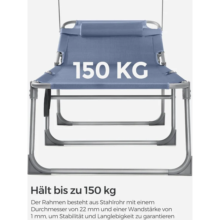 SONGMICS Sonnenliege, klappbarer Liegestuhl, 193 x 53 x 29 cm, max. Belastbarkeit 150 kg, mit Sonnenschutz, Kopfstütze und Verstellbarer Rückenlehne, für Garten, Pool, Terrasse, blau GCB192Q01 – Bild 6