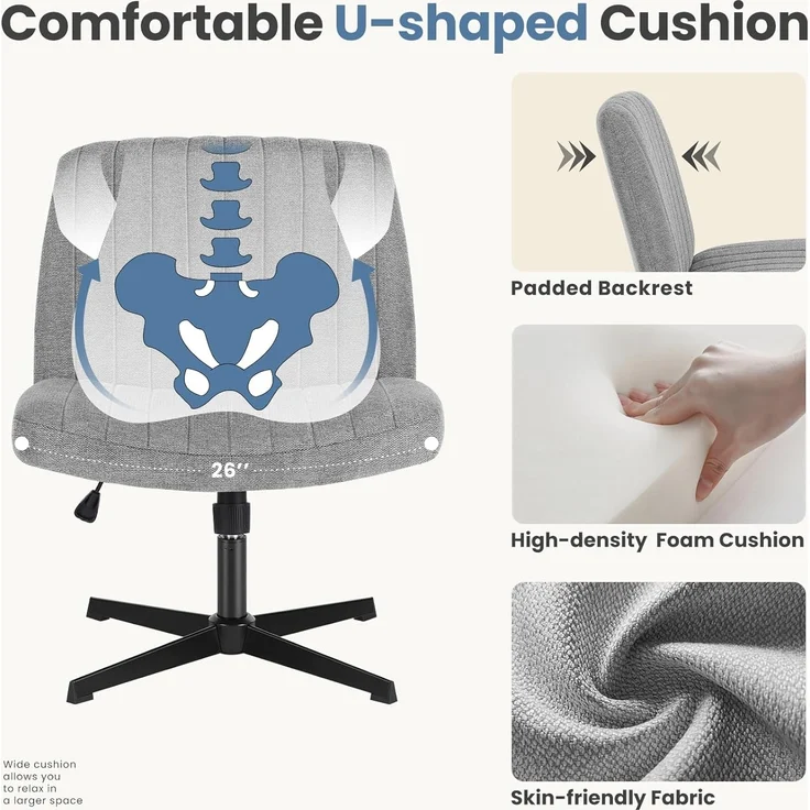 DUMOS Cross Legged Bürostuhl, Armloser Breiter Schreibtischstuhl Keine Räder, Moderner Home Office Schreibtisch Stuhl Swivel Verstellbarer Stoff Eitelkeit Stuhl – Bild 4