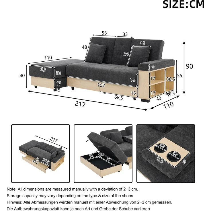 Merax Wohnlandschaft Sofa mit Stauraum, 3-fach verstellbarer Rückenlehne, Schlafsofa mit Schubladen, Chenille-Stoff, Getränkehalter & Stauraumhocker, grau – Bild 4