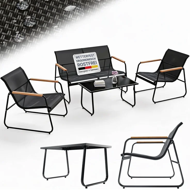 Juskys Gartenmöbelset Genua 4-tlg. – Anthrazit, Outdoor Sitzgruppe mit Armlehnen, Tisch & Bank, wetterfestes Textil, LongLife Stahlgestell – Bild 1