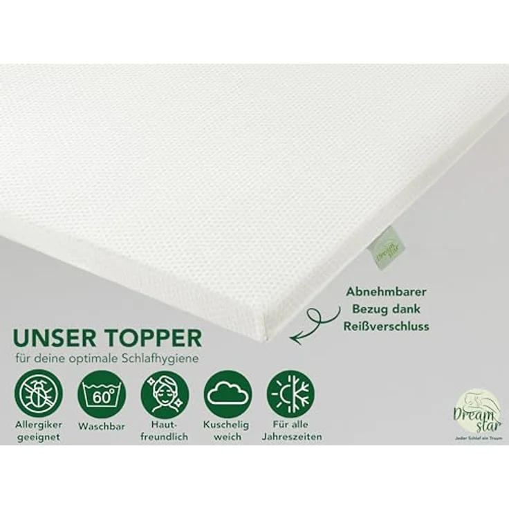 Dreamstar, Topper Easy Dream, ergonomischer Matratzentopper, Kaltschaum - H2/H3/H4/H5, 5 cm hoch, Kaltschaum, rutschfest, Bezug waschbar - für Matratzen und Boxspringbetten – Bild 3