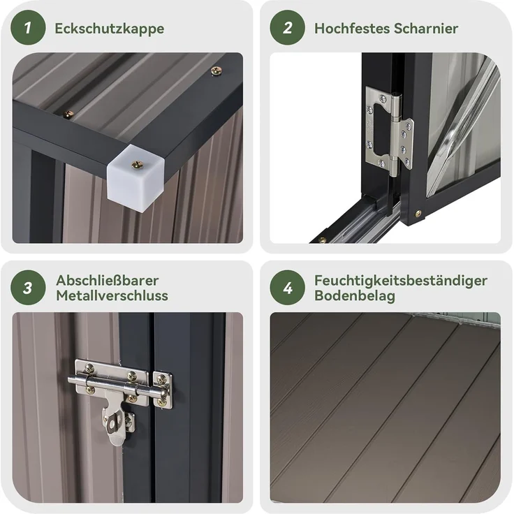 Aoxun Metall Gerätehaus mit Boden & 2 verstellbaren Einlegeböden, 150x91 x 185 cm, Outdoor-Schuppen, mit Lüftungsschlitz und Schiebetür, Werkzeugaufbewahrung, Fahrradschuppen, für Terrasse, Rasen, Braun – Bild 5