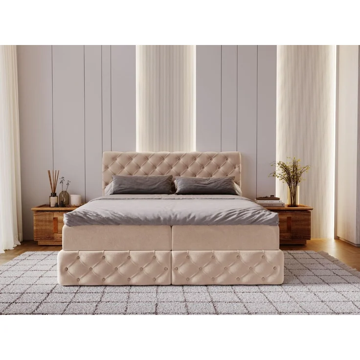 GRAINGOLD Canolo Doppelbett 140x200, Boxspringbett mit zwei Bettkästen, Glamour Stil, Velour-Stoff, Beige – Bild 3