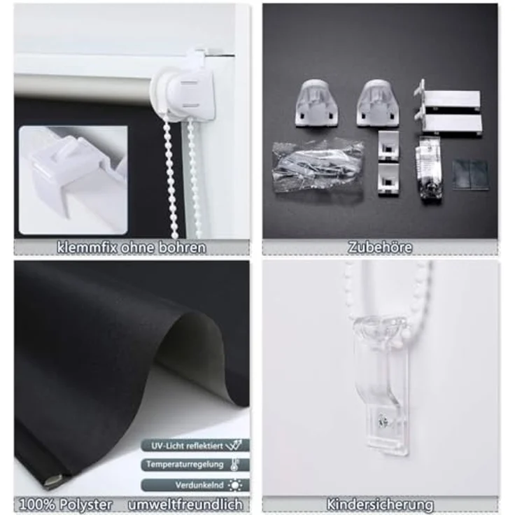 Grandekor Verdunklungsrollo ohne Bohren Schwarz 100x170 cm(Stoffbreite 96cm) Rollos für Fenster ohne Bohren & mit Bohren,Verdunkelungsrollo Thermorollo Klemmrollo Fensterrollo verdunkelung – Bild 5