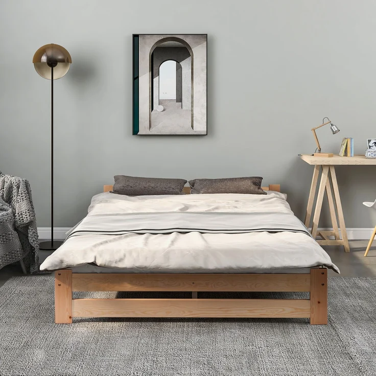 Solide Massivholzbett Futonbett Massivholz Natur Bett aus mit Kopfteil und Lattenrost , Natur (200x140cm) – Bild 6