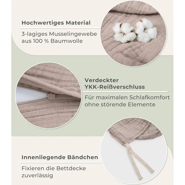 Laynenburg Bettwäsche Musselin aus 100% Baumwolle in 135x200 oder 155x220 cm, atmungsaktiv & bügelfrei – 3 lagig mit Reißverschluss & Haltebändern – Bild 5