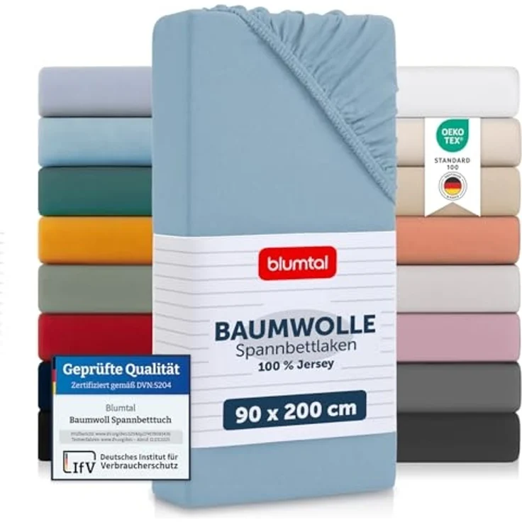 Blumtal® Baumwolle Spannbettlaken 90x200 cm Basics Jersey - Bettlaken 90x200 cm - Oeko-TEX zertifiziertes Spannbetttuch 90x200 cm - Matratzenbezug 90x200 cm - Bettbezug - Leintuch - Dusk Blue – Bild 1