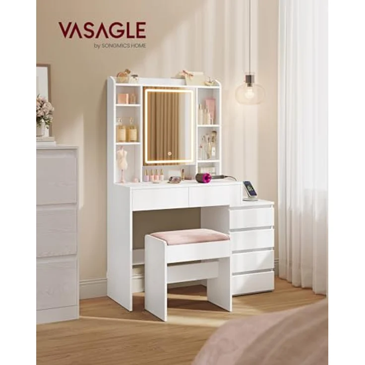 VASAGLE Kailyn Kollektion - Schminktisch mit LED-Beleuchtung, Frisiertisch mit Steckdosenleiste, Spiegel, Kosmetiktisch mit verstellbaren Ablagen, modern, 40 x 105 x 145 cm, wolkenweiß RDT144WB01 – Bild 2