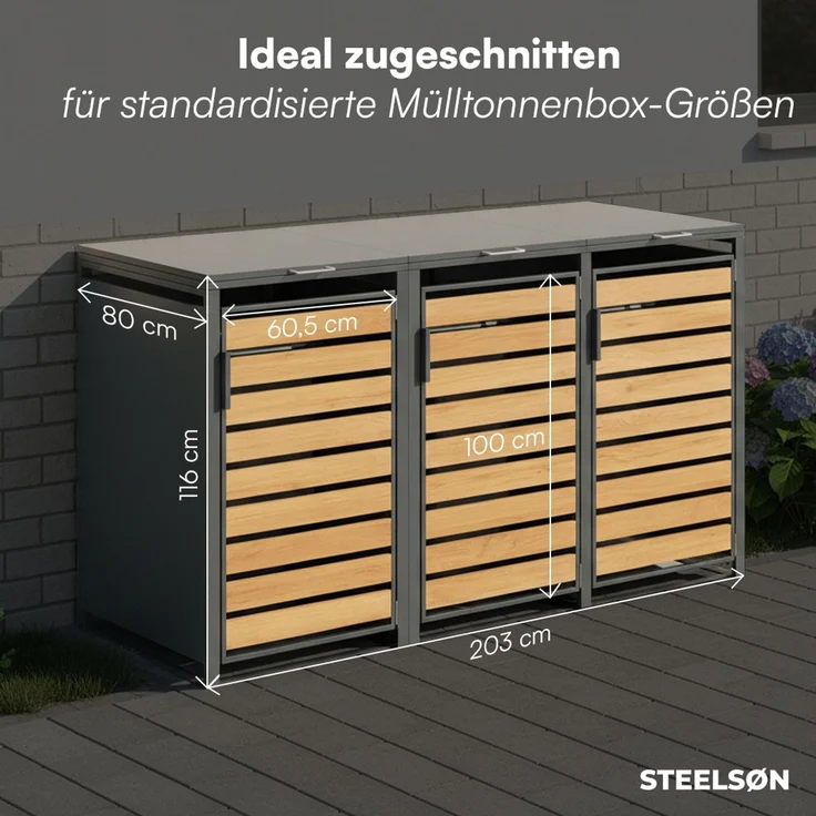 STEELSØN 'Kestra' Mülltonnenbox 3er je 240 Liter, anthrazit mit Holzoptik, Mülltonnenverkleidung aus Stahl, wetterfest, 116x80x203 cm, Müllbox für 3 Tonnen – Bild 6