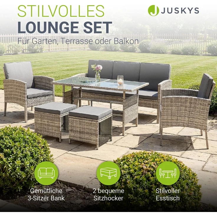 Juskys Polyrattan Gartenmöbel Sitzgruppe Turin Set 6 teilig inkl. Abdeckung - 7 Personen - Outdoor Möbel mit Sessel, Hocker, Tisch & Kissen - Garten Loungemöbel Grau-meliert – Bild 6