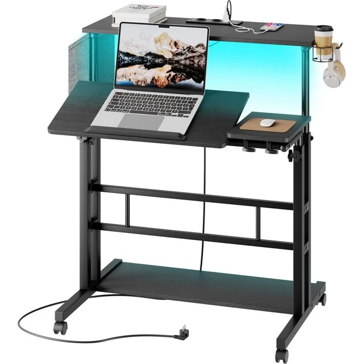 YOLEO Computertisch Höhenverstellbarer Stehpult mit Steckdosen und LED Licht, 80x60cm, Schwarz