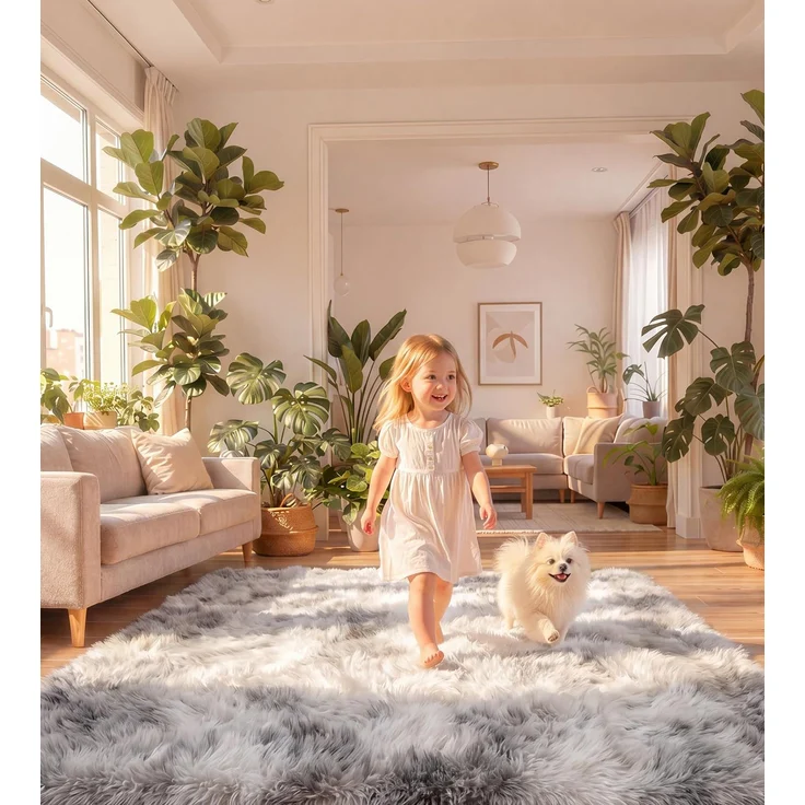 ROHATIM Teppich Wohnzimmer 200 x 300 cm hellgrau Waschbar Rutschfester Hochflorteppich Kinderzimmer Schlafzimmer Flauschiger Teppiche