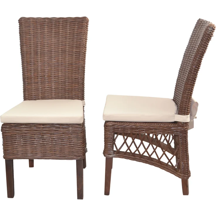 Rattanstühle/Esszimmerstühle 2er-Set, handgeflochten, braun, inkl. Kissen creme – Bild 3