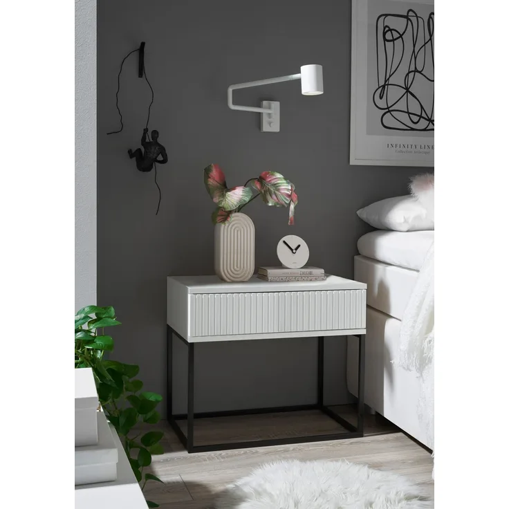MARLE Nachttisch in Weiß - Moderner Nachtschrank mit Schublade und schwarzem Metallgestell - 60 x 52 x 38,5 cm (B/H/T)