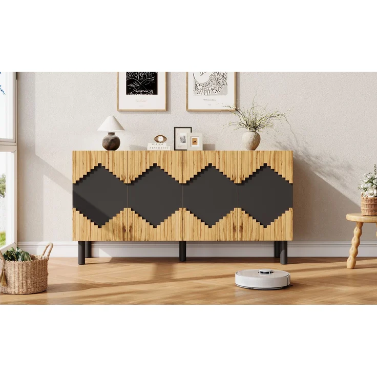 ZUBALIYA Sideboard 140x40x70 cm, mit 2 Türen, aus MDF / Spanplatte, Natur / Schwarz – Bild 16