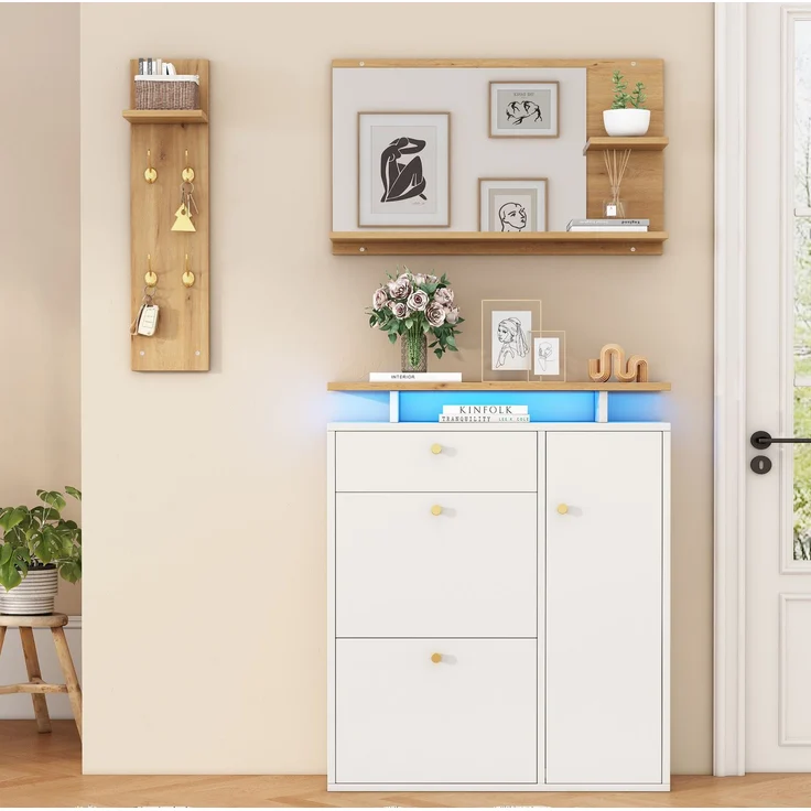 DESVIAE Garderobenschrank 3-tlg. mit LED-Beleuchtung und Spiegel 105x151,5x25 cm Spanplatte Weiß – Bild 1