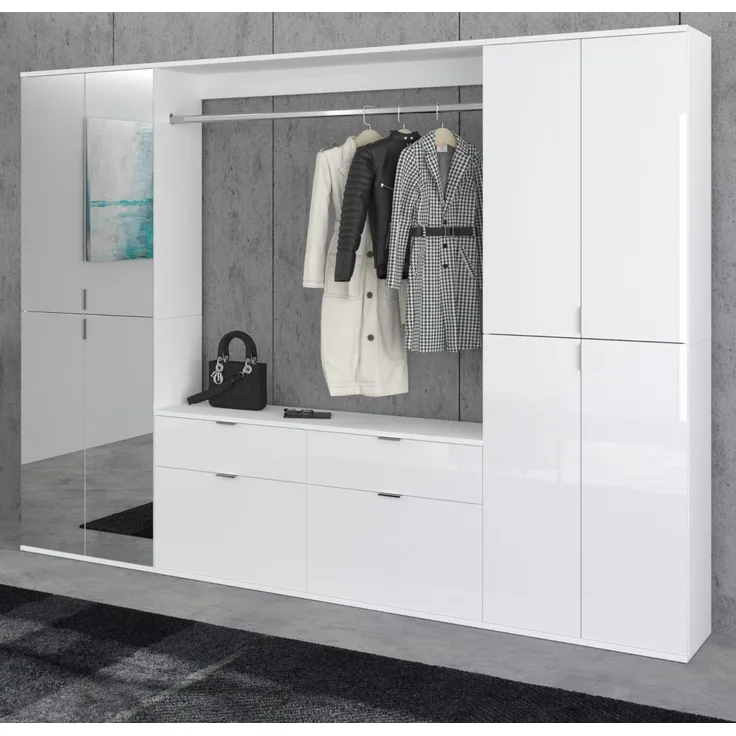 Garderobenschrank mit Spiegel SystemX in weiß Hochglanz 243 x 193 cm