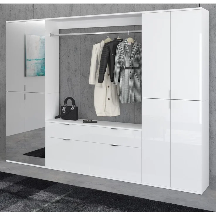 Garderobenschrank mit Spiegel SystemX in weiß Hochglanz 243 x 193 cm – Bild 1