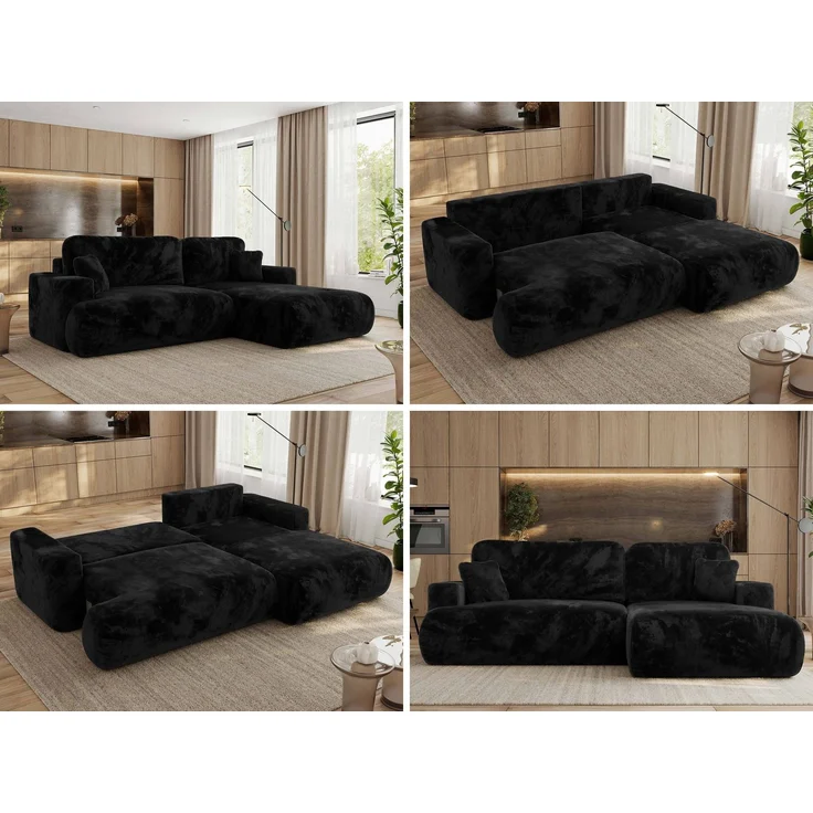 Ecksofa OVO mit schlaffunktion und bettkasten, Wellenfeder, lose Kissen, L-form 271x195 cm - Schwarz Plüsch - rechte Seite – Bild 2
