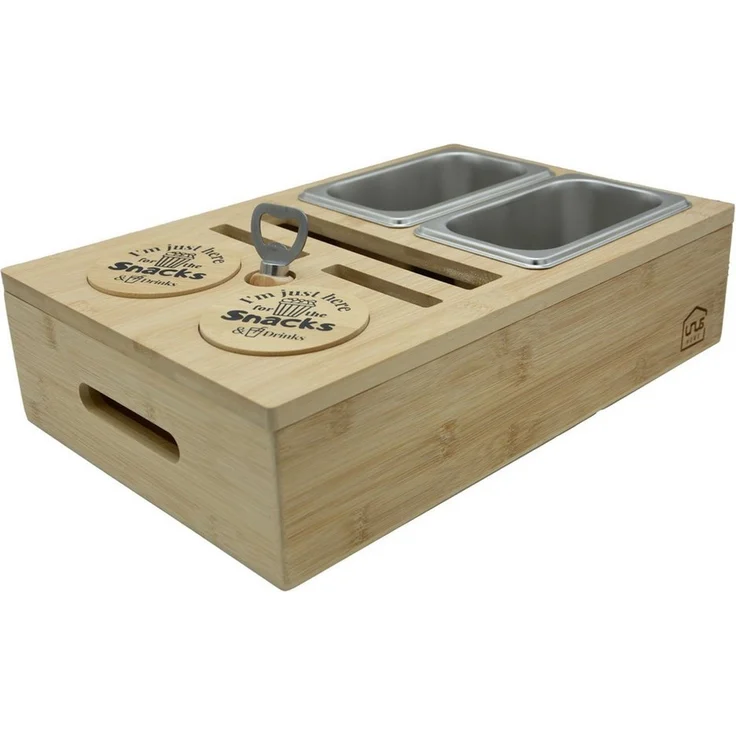UNUS HOME Tablett Couchbar Sofatablett mit Getränkehalter mit Snackschalen, (Couchbar 40 x 26 x 10 cm(LxBxH) inklusive Flaschenöffner), Bambusholz Snackbox Organizer Sofatablett Getränkehalter Snackschalen – Bild 2