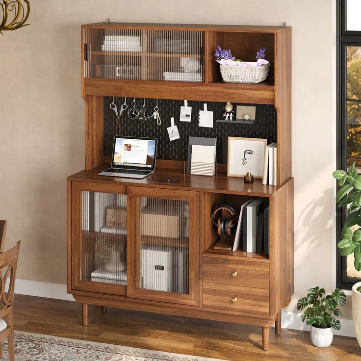 Flieks Küchenbuffet 117 x 30 x 170 cm mit 4 Riffelglas-Schiebetüren, Lochplatten-Rückwand, 2 Schubladen und offenen Fächern, Walnussfarben – Bild 2