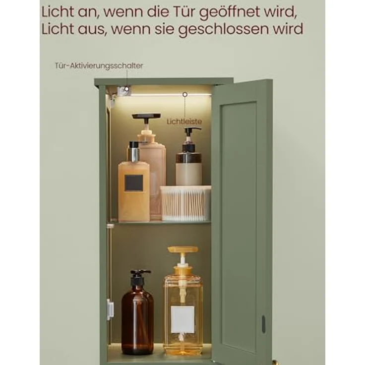 VASAGLE Badezimmerschrank mit Beleuchtung, hoch, schlanker Badschrank, Aufbewahrungsschrank mit verstellbaren Ablagen, für kleine Räume, modern, 40 cm breit, waldgrün BBC766CH03 – Bild 3