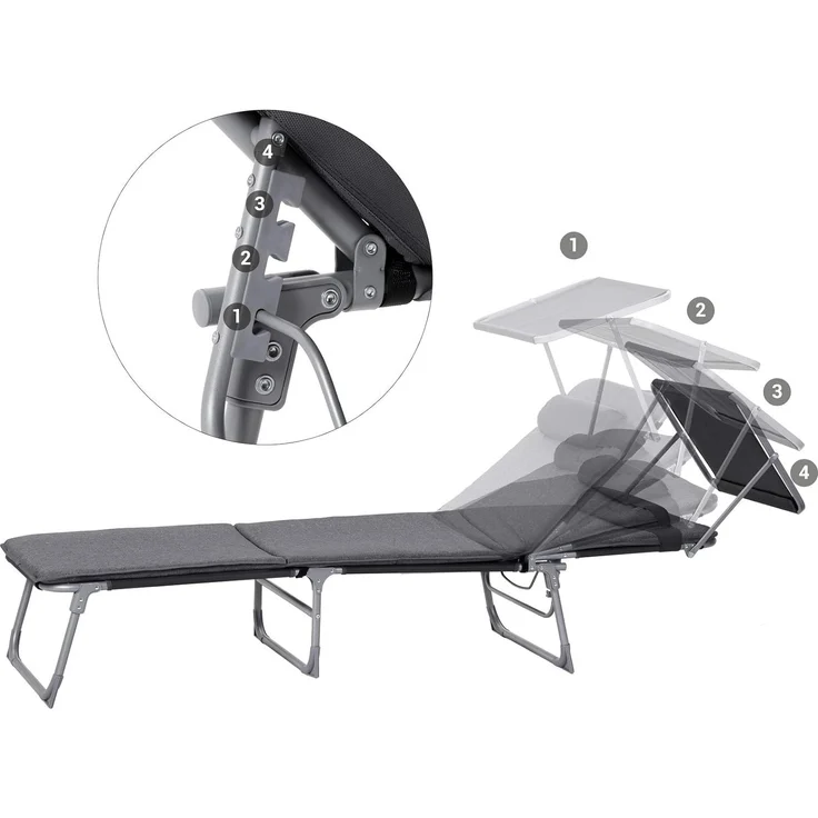 SONGMICS Sonnenliege, Liegestuhl mit 3 cm Dicker Auflage, Kopfstütze, Sonnendach, Rückenlehne verstellbar, klappbar, 53 x 193 x 29,5 cm, bis 150 kg belastbar, Garten, Balkon, dunkelgrau – Bild 6