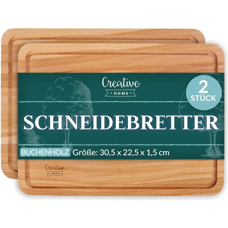 Creative Home Schneidebrett mit Saftrille 30,5 x 22,5 x 1,5 cm Holzschneidebrett Holzbrett Küche, (2-St), mit tiefer Saftrille