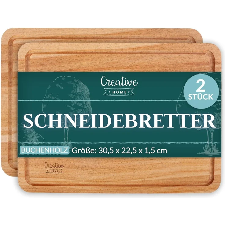 Creative Home Schneidebrett mit Saftrille 30,5 x 22,5 x 1,5 cm Holzschneidebrett Holzbrett Küche, (2-St), mit tiefer Saftrille