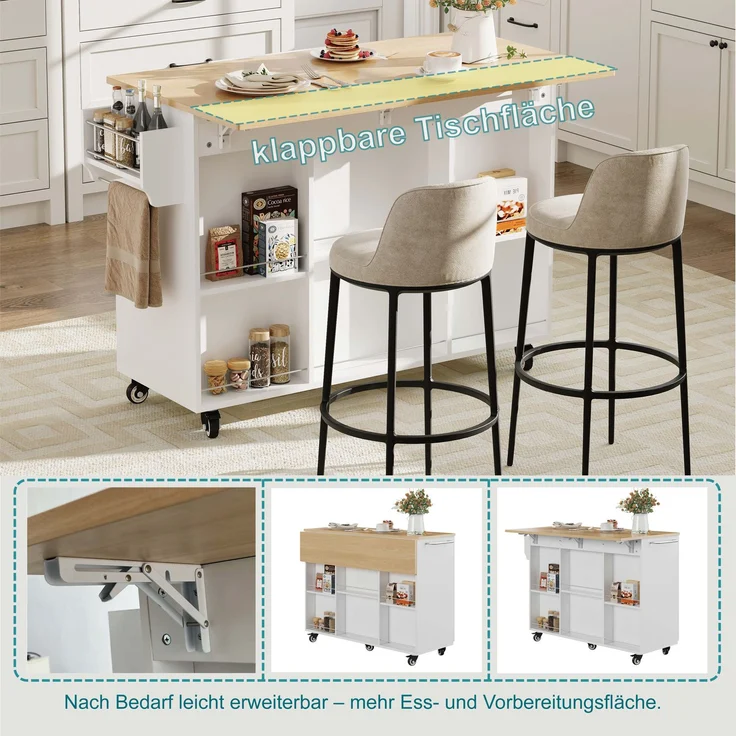 ZUBALIYA Küchenwagen 120 cm Arbeitsplatte – klappbare Arbeitsplatte, Schublade und 2 Schränke, 5 Rollen, 2 mit Bremse, Gewürzregal und Handtuchhalter, MDF, Weiß, Eichenoptik – Bild 7