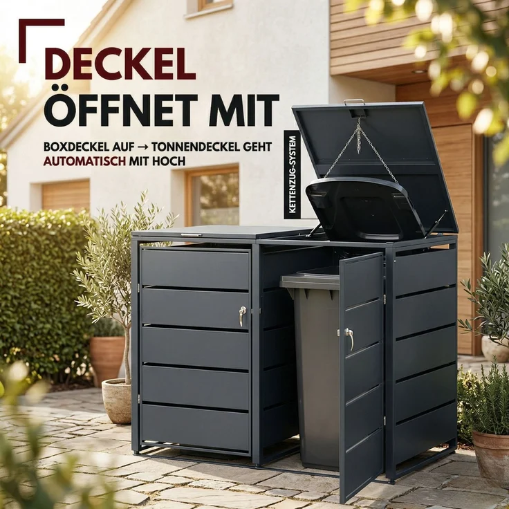 Albatros Mülltonnenbox 2er Tonne | bis 240 Liter | Anthrazitgrau RAL 7016 | verzinkter Stahl | Premium Dämpfer| Aufkleber-Set | wetterfest| verstellbare Füße| Türgriff mit Schloss | Gartenbox | entwickelt in Deutschland – Bild 4
