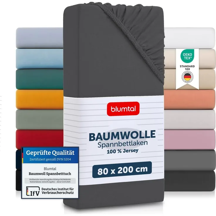 Blumtal® Basics Spannbettlaken 80x200 cm Jersey - Bettlaken 80x200 cm aus 100% Baumwolle - Oeko-TEX zertifiziertes Spannbetttuch 80x200 cm - Matratzenbezug 80x200 cm - Leintuch 80x200 cm - Anthrazit