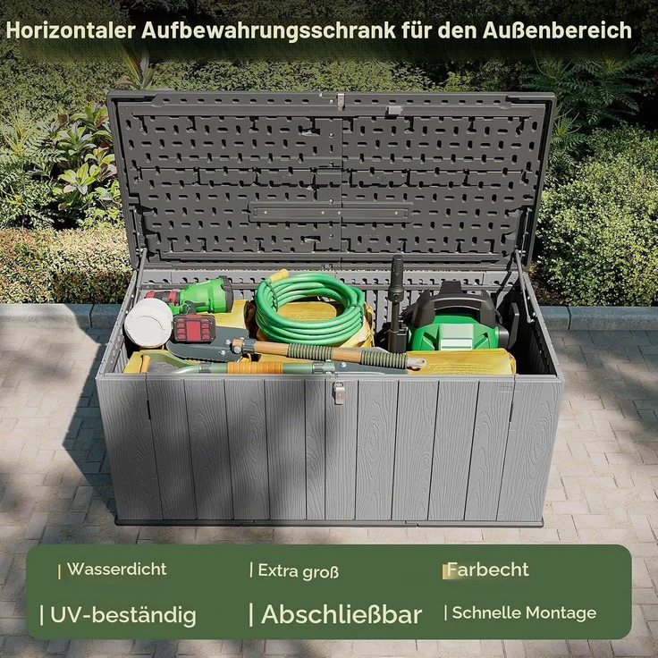 Aoxun Gartenbox aus Harz 600L,Auflagenbox Wasserdicht Außenmaße:142 x 67 x 63 cm,Wetterfest,Abschließbar,Grau – Bild 4