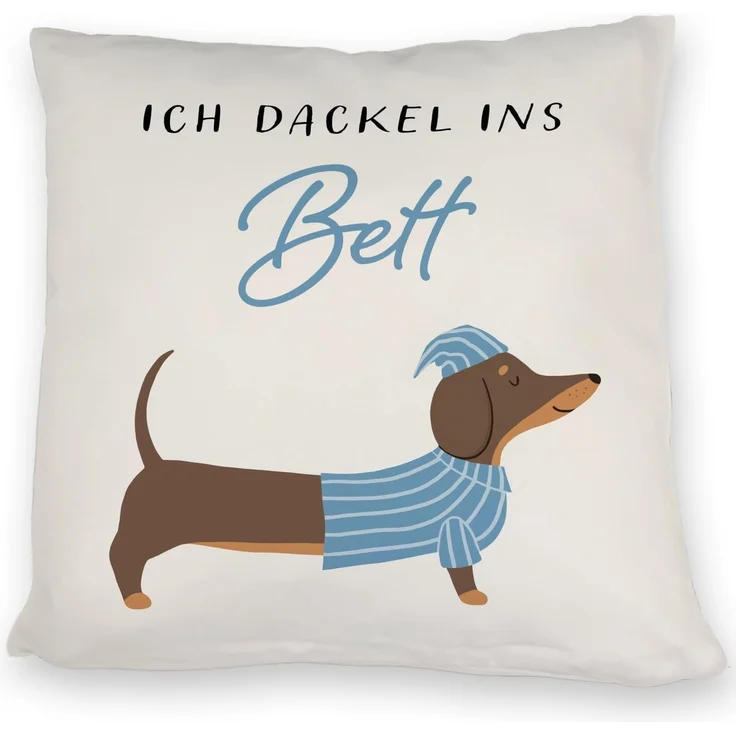 speecheese Dekokissen Dackel mit Pyjama Kissen mit Spruch Ich dackel ins Bett – Bild 1