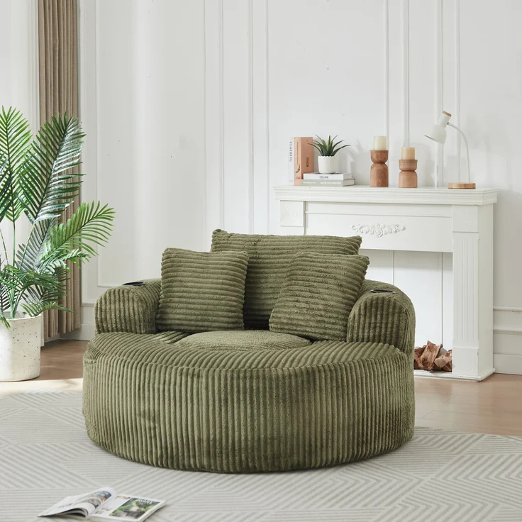 Rundes Loungesofa aus Cord, Einzelsitz Sitzsack Liegestuhl mit 3 Kissen, 2 Getränkehaltern, Seitenaufbewahrung, Rutschfest, Bequemes Relaxsofa für Wohnzimmer Schlafzimmer--Grün--146x29x32cm--YOUDENOVA – Bild 8