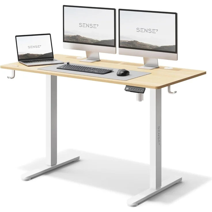 SENSE7 Höhenverstellbarer Schreibtisch elektrisch NOJO, Standing Desk 120x60, PC Tisch mit Memory, Stehschreibtisch mit Kabel Tray, Gaming Tisch mit Haken, geräuscharme Höhenverstellung, White-Pine