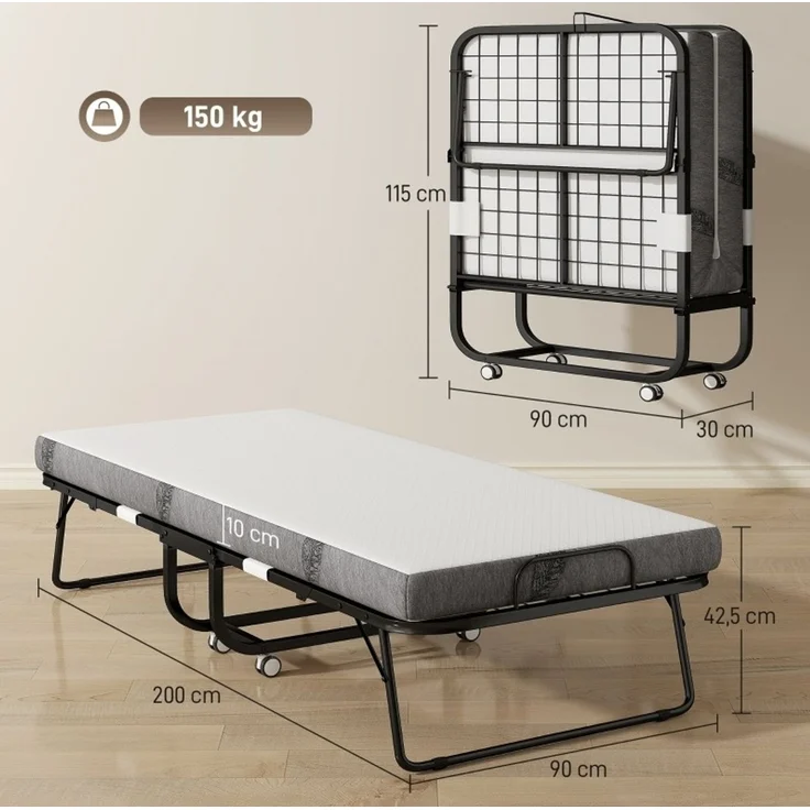 CHICFURN Bett aus Polyester Weiß 200x90 cm klappbar mit Rollen – Bild 8
