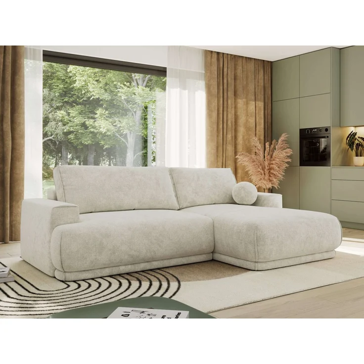 RINA L Design Ecksofa, Schlaffunktion & Stauraum, DL-System, Wellenfedern, Liegefläche 220x155 cm, freistehendes Polstersofa, Schlafcouch - Creme Schenille grob gewebt - Rechts Seite – Bild 1