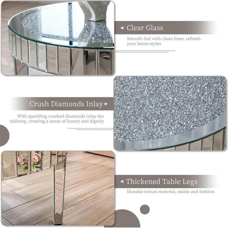 Runder Couchtisch Kristallglas Diamant Silber 80cm Sofatisch Verspiegelt – Bild 5