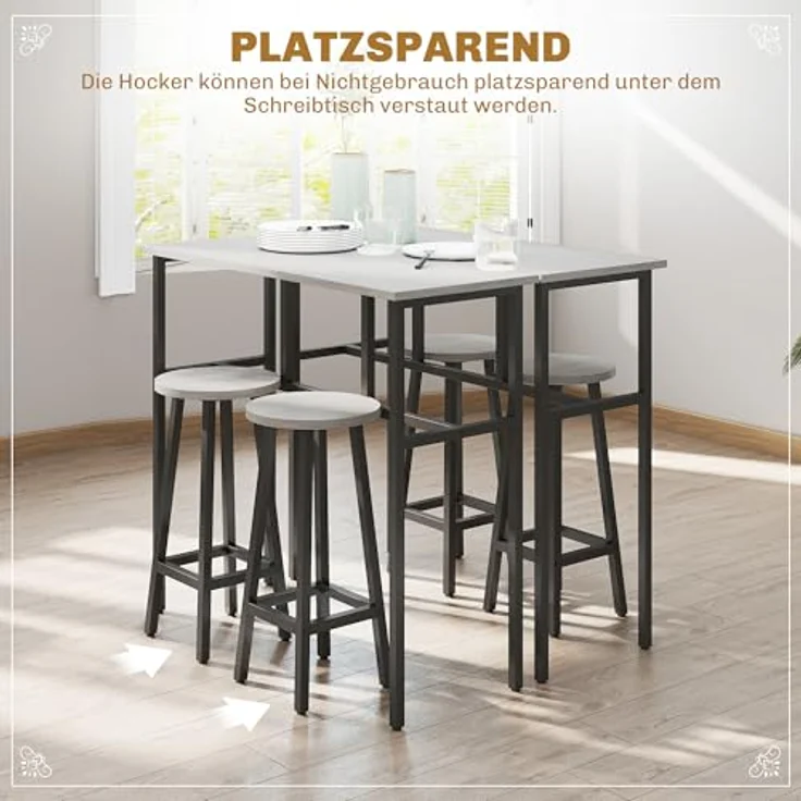 HOMCOM Bargruppe Bartisch-Set im Industriedesign, (Set, 6-tlg), 6-teilig Essgruppe 2 Bartisch mit 4 Stühlen Grau, Schwarz – Bild 7