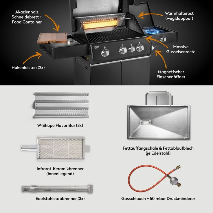 BURNHARD® Gasgrill 3-Brenner 2x Edelstahl-Stabbrenner 3,75 kW, 1x Infrarot-Keramikbrenner 3,75 kW, Gussrost, Piezo-Zündung – FRED Deluxe - Schwarz - #947128 – Bild 4