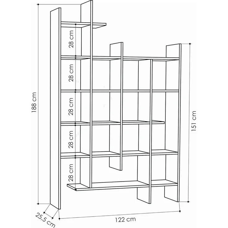 Dmora - Bücherregal Chertan, Büroregal, Mobiler Buchhalter, Bücherbrett, 122x26h188 cm, Weiß – Bild 5