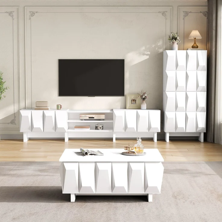 EINHOM Wohnzimmermöbel Set mit 3D-Front, Couchtisch, TV-Lowboard und Sideboard, Modernes Möbel-Set aus PB, Geometrisches Design – Bild 5
