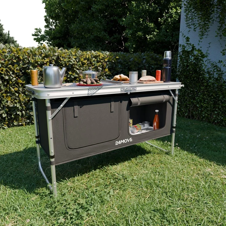 24Move Campingschrank Campingküche PRAIA Outdoorküche Alu (faltbar, höhenverstellbar, tragbar) mit Arbeitsplatte und Staufächern – Bild 3