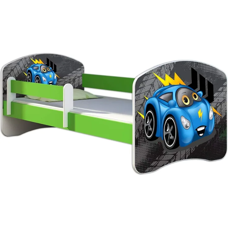 ACMA Kinderbett Jugendbett mit Einer Schublade und Matratze Grün mit Rausfallschutz Lattenrost II 140x70 160x80 180x80 (04 Blaue Auto, 180x80)
