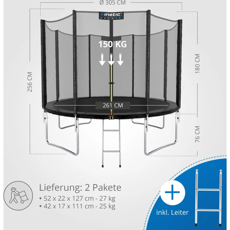 KINETIC SPORTS Trampolin Outdoor SALTO - Kindertrampolin Gartentrampolin Set mit Leiter, Netz, Randpolster, USA Sprungtuch, bis zu 160kg, Schwarz, Ø 310 cm – Bild 7
