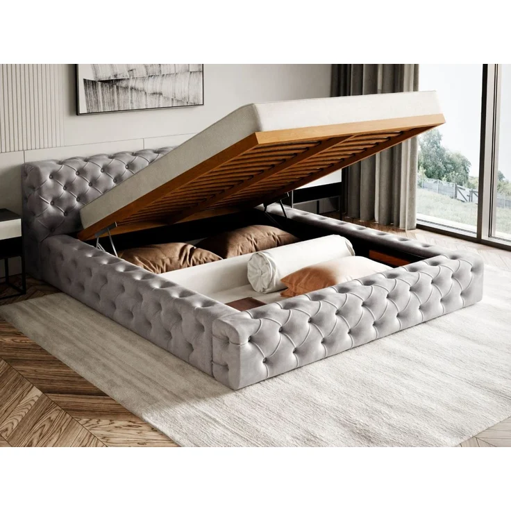 GRAINGOLD Palini Polsterbett 140x200, mit gepolstertes Kopfteil, gestepptes Bett, Bettkasten, Velour-Stoff, Grau – Bild 5