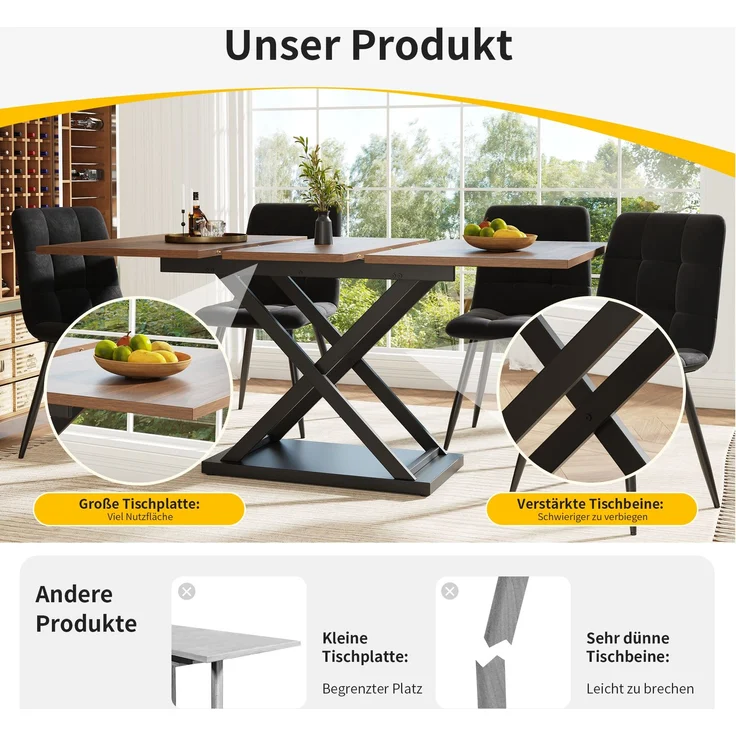 Esstisch Set mit 4 Stühlen Ausziehtisch 120-160x80 cm Metallkreuzbeine Samtstühle Essgruppe Küchentisch Esszimmer Walnuss & Schwarz – Bild 3